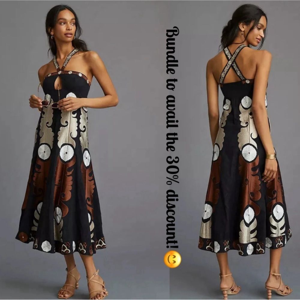 By Anthropologie Embroidered Halter Midi Dress
